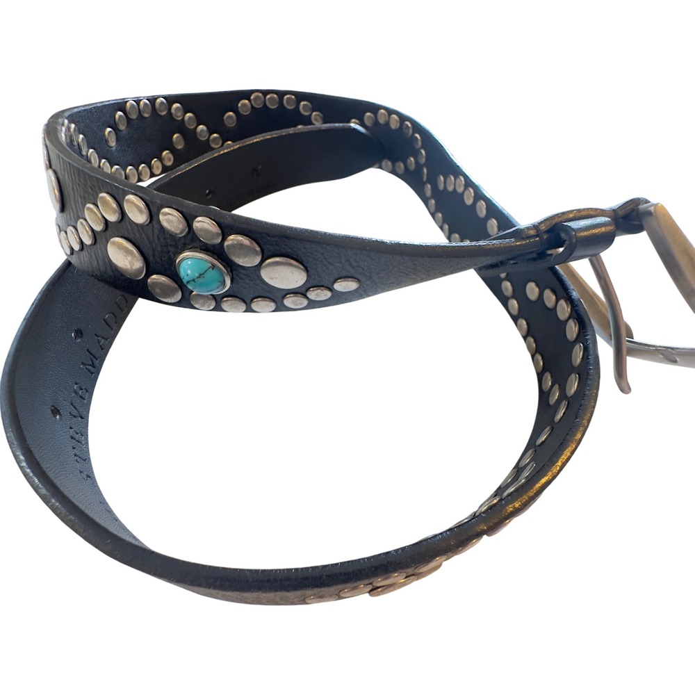 Steve Madden Black Leather silver Studded Turquoise Gem Southwest Belt Womens - Picture 2 of 5